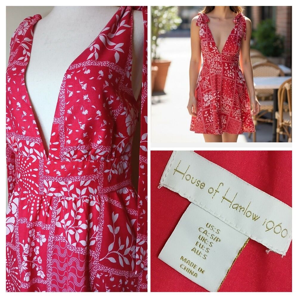 House of Harlow Sz S Linen Dress Red Mini Tie Shoulder Plunging V-neck & Back